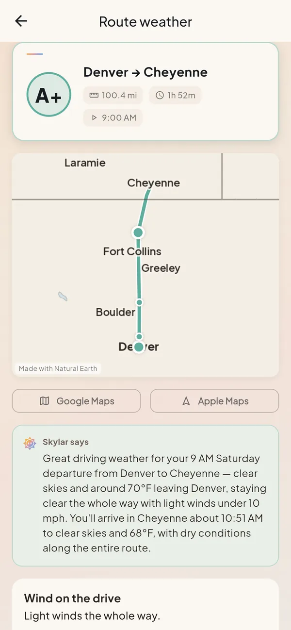 The Skylar route weather screen: Denver to Cheyenne, grade A+, 100.4 miles, 1 hour 52 minutes, leaving 9:00 AM, with the route map and Skylar&rsquo;s summary of the drive.